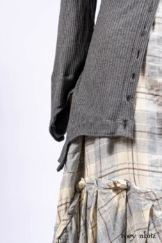 Chittister Shirt Jacket in Slate Ribbed Knit; Fairholme Frock in Slate Plaid Twill; Cilla Slip Frock in Slate Ribbed Knit, high water length.