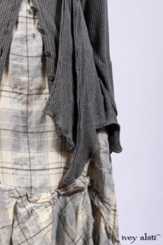 Chittister Shirt Jacket in Slate Ribbed Knit; Fairholme Frock in Slate Plaid Twill; Cilla Slip Frock in Slate Ribbed Knit, high water length.
