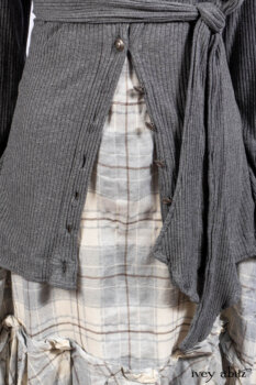 Chittister Shirt Jacket in Slate Ribbed Knit; Fairholme Frock in Slate Plaid Twill; Cilla Slip Frock in Slate Ribbed Knit, high water length.