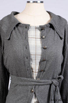 Chittister Shirt Jacket in Slate Ribbed Knit; Fairholme Frock in Slate Plaid Twill; Cilla Slip Frock in Slate Ribbed Knit, high water length.