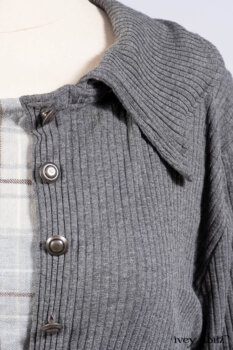 Chittister Shirt Jacket in Slate Ribbed Knit; Fairholme Frock in Slate Plaid Twill; Cilla Slip Frock in Slate Ribbed Knit, high water length.
