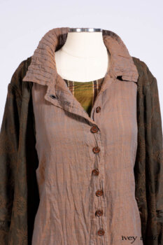 Harrison Duster Coat in Brownstone Crewel Work Weave; Ellis Shirt in Rooftop Sunset Washed Voile; Harrison Frock in Central Park Brownstone Plaid Silk; Cilla Slip Frock in Signature Black Ribbed Knit.