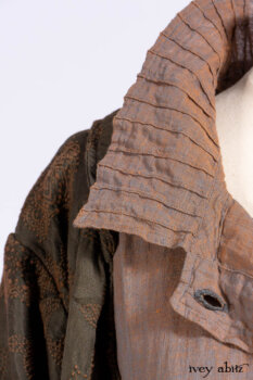 Harrison Duster Coat in Brownstone Crewel Work Weave; Ellis Shirt in Rooftop Sunset Washed Voile; Harrison Frock in Central Park Brownstone Plaid Silk; Cilla Slip Frock in Signature Black Ribbed Knit.