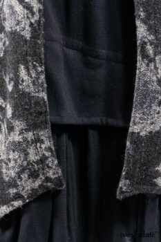 Monceau Duster Coat in Mansard Roof Washed Floral Woolen Weave; Lydia Neck Wrap in Slate Washed Linen; Blanchefleur Dress in Mansard Roof Washed Weave; Cilla Slip Frock in Signature Black Ribbed Knit; Porte Cochere Sash in Mansard Roof Washed Floral Woolen Weave.