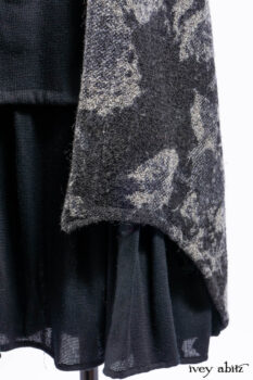 Monceau Duster Coat in Mansard Roof Washed Floral Woolen Weave; Lydia Neck Wrap in Slate Washed Linen; Blanchefleur Dress in Mansard Roof Washed Weave; Cilla Slip Frock in Signature Black Ribbed Knit; Porte Cochere Sash in Mansard Roof Washed Floral Woolen Weave.