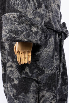 Monceau Duster Coat in Mansard Roof Washed Floral Woolen Weave; Lydia Neck Wrap in Slate Washed Linen; Blanchefleur Dress in Mansard Roof Washed Weave; Cilla Slip Frock in Signature Black Ribbed Knit; Porte Cochere Sash in Mansard Roof Washed Floral Woolen Weave.