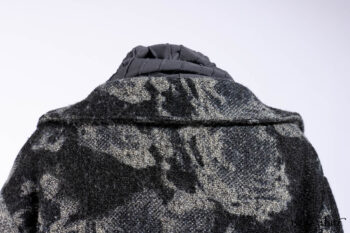 Monceau Duster Coat in Mansard Roof Washed Floral Woolen Weave; Lydia Neck Wrap in Slate Washed Linen; Blanchefleur Dress in Mansard Roof Washed Weave; Cilla Slip Frock in Signature Black Ribbed Knit; Porte Cochere Sash in Mansard Roof Washed Floral Woolen Weave.