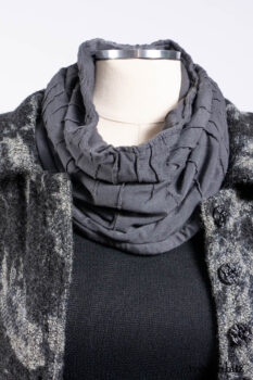 Monceau Duster Coat in Mansard Roof Washed Floral Woolen Weave; Lydia Neck Wrap in Slate Washed Linen; Blanchefleur Dress in Mansard Roof Washed Weave; Cilla Slip Frock in Signature Black Ribbed Knit; Porte Cochere Sash in Mansard Roof Washed Floral Woolen Weave.