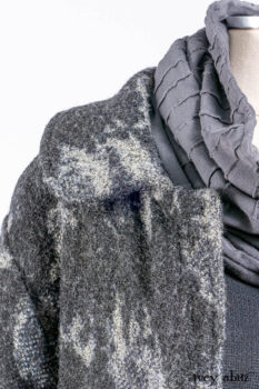Monceau Duster Coat in Mansard Roof Washed Floral Woolen Weave; Lydia Neck Wrap in Slate Washed Linen; Blanchefleur Dress in Mansard Roof Washed Weave; Cilla Slip Frock in Signature Black Ribbed Knit; Porte Cochere Sash in Mansard Roof Washed Floral Woolen Weave.