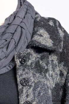 Monceau Duster Coat in Mansard Roof Washed Floral Woolen Weave; Lydia Neck Wrap in Slate Washed Linen; Blanchefleur Dress in Mansard Roof Washed Weave; Cilla Slip Frock in Signature Black Ribbed Knit; Porte Cochere Sash in Mansard Roof Washed Floral Woolen Weave.