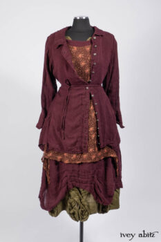 Ellis Shirt in Apple Washed Crinkled Weave; Wrennie Frock in Brick Floral Silk Chiffon; Scattergood Frock in Apple Washed Crinkled Weave, high water length; Bartholdi Frock in Central Park Washed Linen.