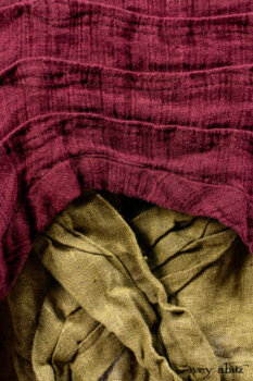 Ellis Shirt in Apple Washed Crinkled Weave; Wrennie Frock in Brick Floral Silk Chiffon; Scattergood Frock in Apple Washed Crinkled Weave, high water length; Bartholdi Frock in Central Park Washed Linen.