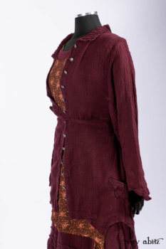 Ellis Shirt in Apple Washed Crinkled Weave; Wrennie Frock in Brick Floral Silk Chiffon; Scattergood Frock in Apple Washed Crinkled Weave, high water length; Bartholdi Frock in Central Park Washed Linen.