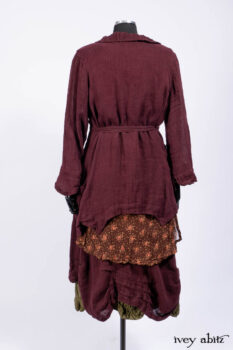 Ellis Shirt in Apple Washed Crinkled Weave; Wrennie Frock in Brick Floral Silk Chiffon; Scattergood Frock in Apple Washed Crinkled Weave, high water length; Bartholdi Frock in Central Park Washed Linen.