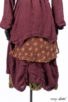 Ellis Shirt in Apple Washed Crinkled Weave; Wrennie Frock in Brick Floral Silk Chiffon; Scattergood Frock in Apple Washed Crinkled Weave, high water length; Bartholdi Frock in Central Park Washed Linen.