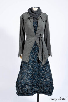 Chittister Shirt Jacket in Slate Ribbed Knit; Lydia Neck Wrap in Slate Washed Knit; Gabled Frock in Hudson River Floral Jacquard; Cilla Slip Frock in Slate Washed Knit.
