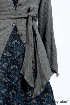 Chittister Shirt Jacket in Slate Ribbed Knit; Lydia Neck Wrap in Slate Washed Knit; Gabled Frock in Hudson River Floral Jacquard; Cilla Slip Frock in Slate Washed Knit.