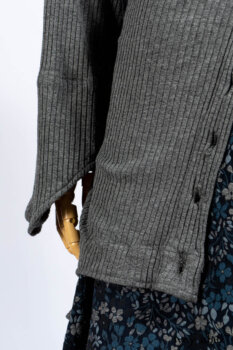 Chittister Shirt Jacket in Slate Ribbed Knit; Lydia Neck Wrap in Slate Washed Knit; Gabled Frock in Hudson River Floral Jacquard; Cilla Slip Frock in Slate Washed Knit.
