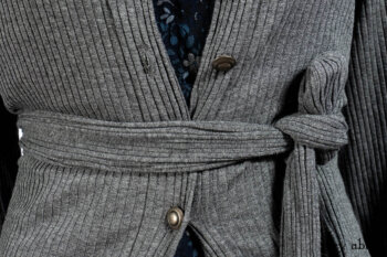 Chittister Shirt Jacket in Slate Ribbed Knit; Lydia Neck Wrap in Slate Washed Knit; Gabled Frock in Hudson River Floral Jacquard; Cilla Slip Frock in Slate Washed Knit.