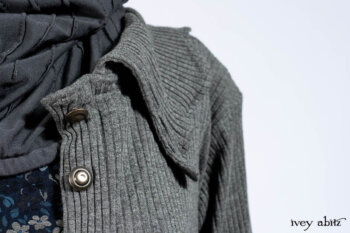 Chittister Shirt Jacket in Slate Ribbed Knit; Lydia Neck Wrap in Slate Washed Knit; Gabled Frock in Hudson River Floral Jacquard; Cilla Slip Frock in Slate Washed Knit.