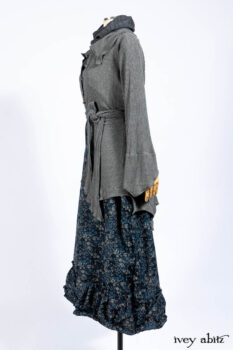Chittister Shirt Jacket in Slate Ribbed Knit; Lydia Neck Wrap in Slate Washed Knit; Gabled Frock in Hudson River Floral Jacquard; Cilla Slip Frock in Slate Washed Knit.