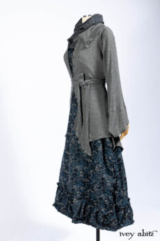 Chittister Shirt Jacket in Slate Ribbed Knit; Lydia Neck Wrap in Slate Washed Knit; Gabled Frock in Hudson River Floral Jacquard; Cilla Slip Frock in Slate Washed Knit.