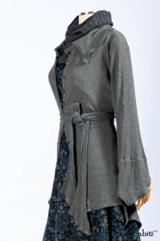 Chittister Shirt Jacket in Slate Ribbed Knit; Lydia Neck Wrap in Slate Washed Knit; Gabled Frock in Hudson River Floral Jacquard; Cilla Slip Frock in Slate Washed Knit.