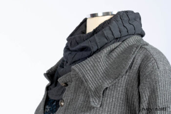 Chittister Shirt Jacket in Slate Ribbed Knit; Lydia Neck Wrap in Slate Washed Knit; Gabled Frock in Hudson River Floral Jacquard; Cilla Slip Frock in Slate Washed Knit.