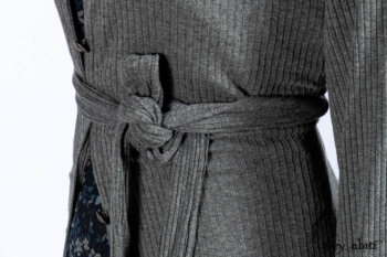Chittister Shirt Jacket in Slate Ribbed Knit; Lydia Neck Wrap in Slate Washed Knit; Gabled Frock in Hudson River Floral Jacquard; Cilla Slip Frock in Slate Washed Knit.