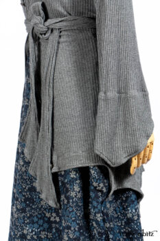 Chittister Shirt Jacket in Slate Ribbed Knit; Lydia Neck Wrap in Slate Washed Knit; Gabled Frock in Hudson River Floral Jacquard; Cilla Slip Frock in Slate Washed Knit.