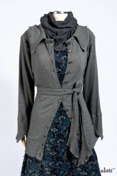 Chittister Shirt Jacket in Slate Ribbed Knit; Lydia Neck Wrap in Slate Washed Knit; Gabled Frock in Hudson River Floral Jacquard; Cilla Slip Frock in Slate Washed Knit.