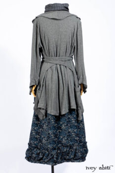 Chittister Shirt Jacket in Slate Ribbed Knit; Lydia Neck Wrap in Slate Washed Knit; Gabled Frock in Hudson River Floral Jacquard; Cilla Slip Frock in Slate Washed Knit.
