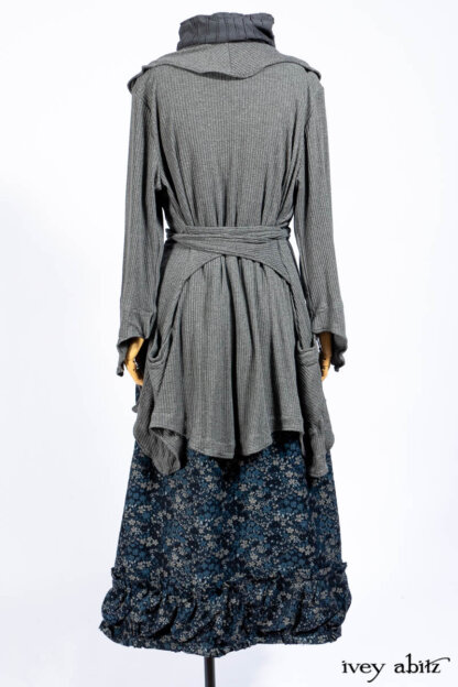 Chittister Shirt Jacket in Slate Ribbed Knit; Lydia Neck Wrap in Slate Washed Knit; Gabled Frock in Hudson River Floral Jacquard; Cilla Slip Frock in Slate Washed Knit.