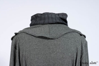 Chittister Shirt Jacket in Slate Ribbed Knit; Lydia Neck Wrap in Slate Washed Knit; Gabled Frock in Hudson River Floral Jacquard; Cilla Slip Frock in Slate Washed Knit.
