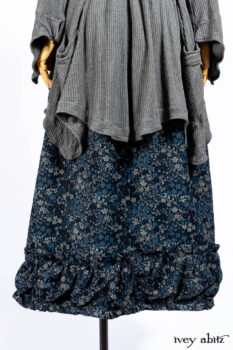 Chittister Shirt Jacket in Slate Ribbed Knit; Lydia Neck Wrap in Slate Washed Knit; Gabled Frock in Hudson River Floral Jacquard; Cilla Slip Frock in Slate Washed Knit.