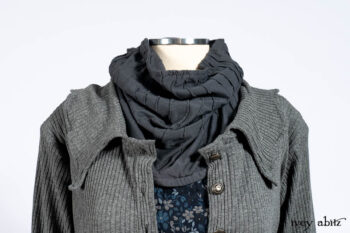 Chittister Shirt Jacket in Slate Ribbed Knit; Lydia Neck Wrap in Slate Washed Knit; Gabled Frock in Hudson River Floral Jacquard; Cilla Slip Frock in Slate Washed Knit.