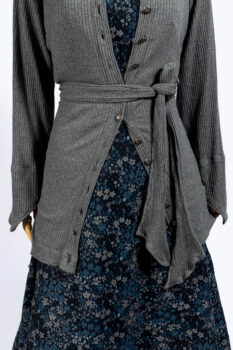 Chittister Shirt Jacket in Slate Ribbed Knit; Lydia Neck Wrap in Slate Washed Knit; Gabled Frock in Hudson River Floral Jacquard; Cilla Slip Frock in Slate Washed Knit.