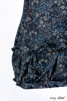 Chittister Shirt Jacket in Slate Ribbed Knit; Lydia Neck Wrap in Slate Washed Knit; Gabled Frock in Hudson River Floral Jacquard; Cilla Slip Frock in Slate Washed Knit.