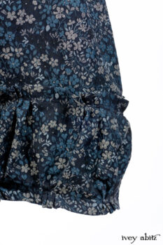 Chittister Shirt Jacket in Slate Ribbed Knit; Lydia Neck Wrap in Slate Washed Knit; Gabled Frock in Hudson River Floral Jacquard; Cilla Slip Frock in Slate Washed Knit.