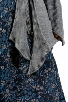 Chittister Shirt Jacket in Slate Ribbed Knit; Lydia Neck Wrap in Slate Washed Knit; Gabled Frock in Hudson River Floral Jacquard; Cilla Slip Frock in Slate Washed Knit.