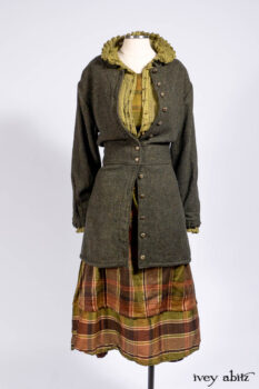 Mathilda Jacket in Central Park Herringbone; Mathilda Shirt in Central Park Washed Stripe Voile; Harrison Frock in Central Park Brownstone Plaid Silk; Cilla Slip Frock in Signature Black Ribbed Knit.