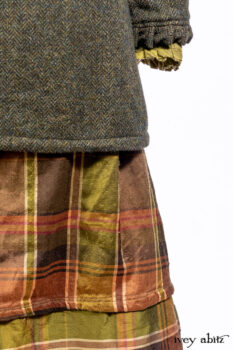 Mathilda Jacket in Central Park Herringbone; Mathilda Shirt in Central Park Washed Stripe Voile; Harrison Frock in Central Park Brownstone Plaid Silk; Cilla Slip Frock in Signature Black Ribbed Knit.