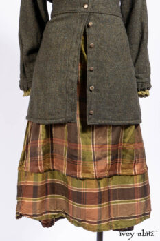 Mathilda Jacket in Central Park Herringbone; Mathilda Shirt in Central Park Washed Stripe Voile; Harrison Frock in Central Park Brownstone Plaid Silk; Cilla Slip Frock in Signature Black Ribbed Knit.