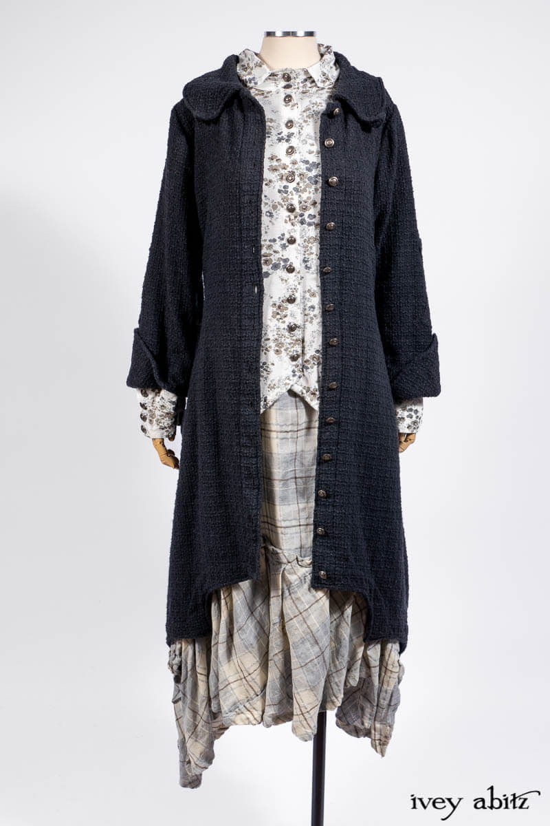 Chittister Duster Coat in Slate Embroidered Windowpane Weave; Truitt Shirt in Slate Floral Knit; Fairholme Frock in Slate Plaid Twill; Cilla Slip Frock in Slate Washed Knit.