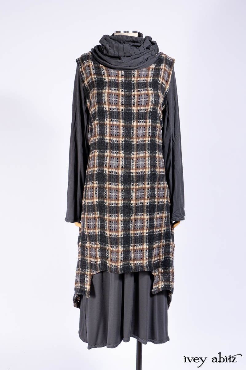 Chittister Frock in Slate and Brownstone Plaid Wool; Elliot Dress in Slate Washed Knit; Lydia Neck Wrap in Slate Washed Knit.