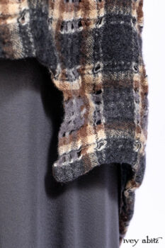 Chittister Frock in Slate and Brownstone Plaid Wool; Elliot Dress in Slate Washed Knit; Lydia Neck Wrap in Slate Washed Knit.