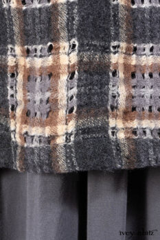Chittister Frock in Slate and Brownstone Plaid Wool; Elliot Dress in Slate Washed Knit; Lydia Neck Wrap in Slate Washed Knit.