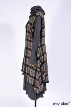 Chittister Frock in Slate and Brownstone Plaid Wool; Elliot Dress in Slate Washed Knit; Lydia Neck Wrap in Slate Washed Knit.