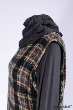 Chittister Frock in Slate and Brownstone Plaid Wool; Elliot Dress in Slate Washed Knit; Lydia Neck Wrap in Slate Washed Knit.