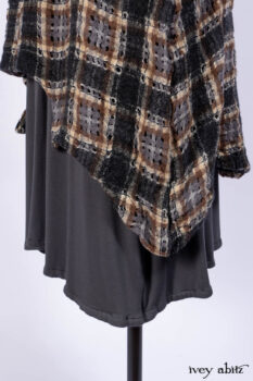 Chittister Frock in Slate and Brownstone Plaid Wool; Elliot Dress in Slate Washed Knit; Lydia Neck Wrap in Slate Washed Knit.